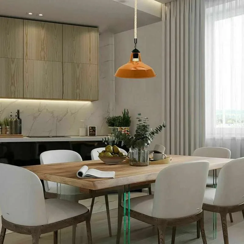 Vintage metal shade ceiling light with 2m hemp rope pendant, industrial style, suitable for indoor use and dimmable bulbs