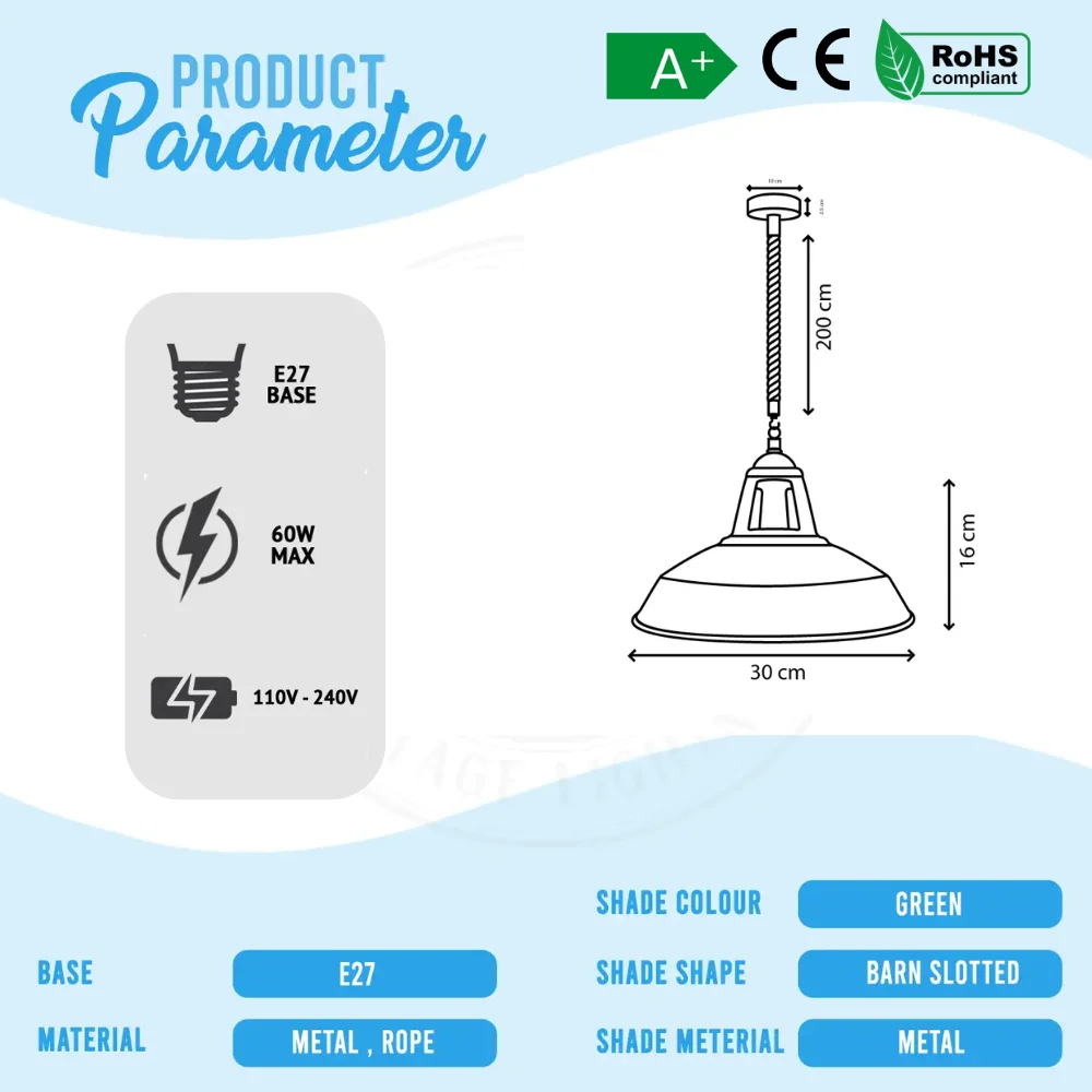 Industrial style vintage pendant light with metal shade and 2m hemp rope, compatible with E27 bulb pendant light.