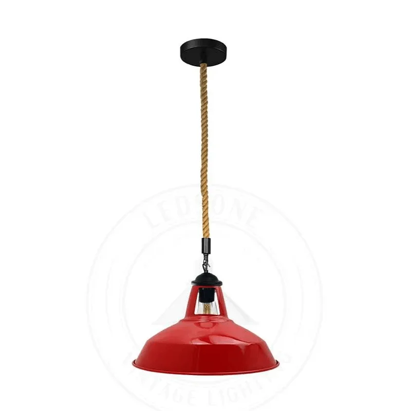 Hemp rope pendant light with metal shade hanging from ceiling, industrial style, 2m rope length, indoor use only