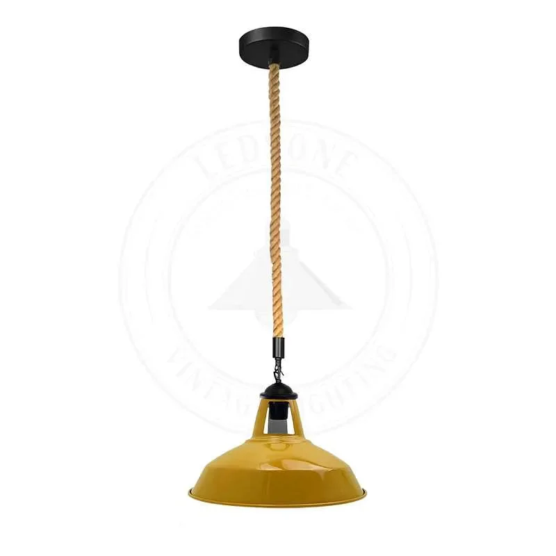 Hemp rope pendant light with metal shade hanging from ceiling, ideal for indoor kitchen or bar lighting, industrial style