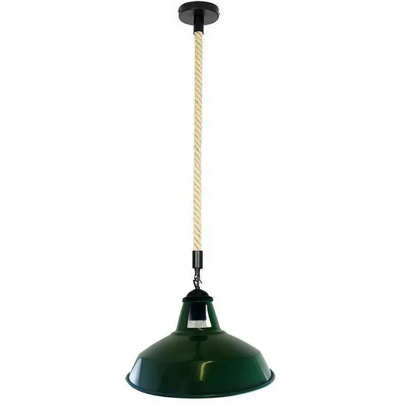 Hemp rope pendant light with metal shade hanging from ceiling, showing industrial style and 2m rope length indoors
