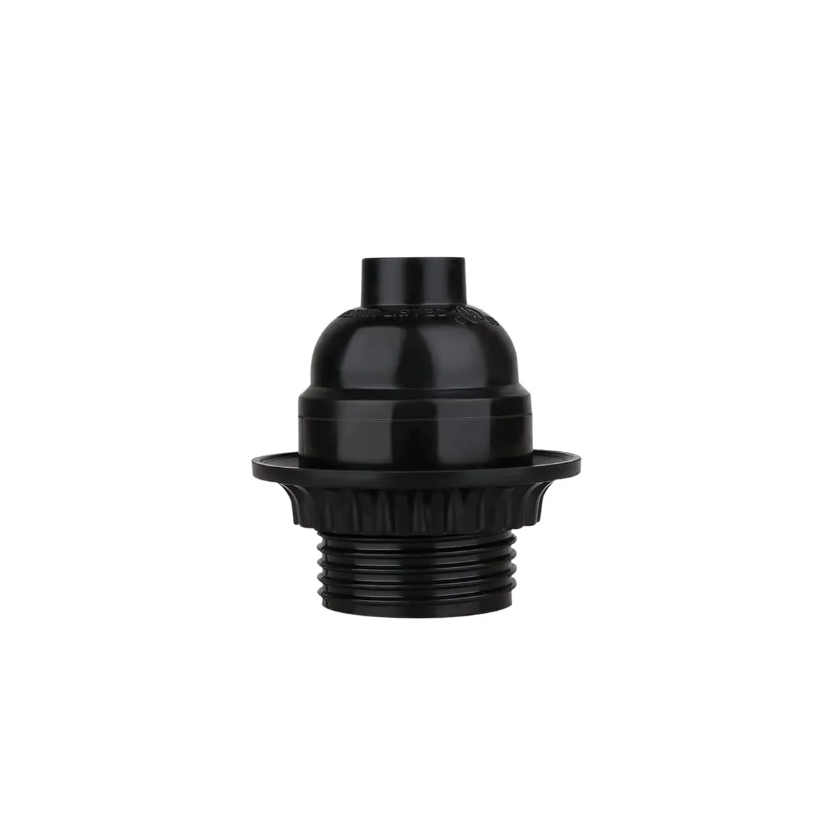 Black bakelite lamp holder with E27 screw fitting and integrated shade ring for vintage industrial lighting designs