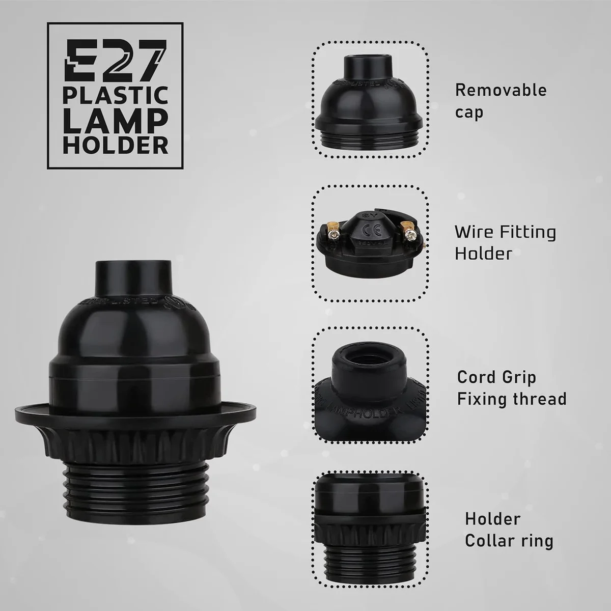 Black Bakelite industrial lamp holder with integrated ring, vintage E27 screw fitting for filament bulbs and braided cables