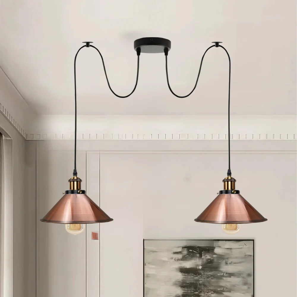 Industrial retro 2 way pendant light with twin E27 sockets and black metal finish hanging from ceiling