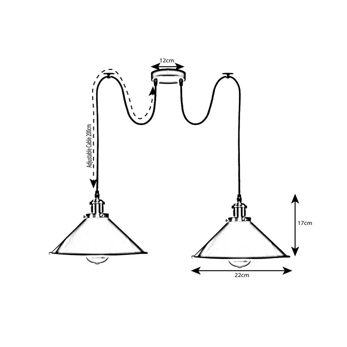 Industrial pendant light with two hanging E27 bulb sockets, metal accents, and 2m adjustable cables in retro style