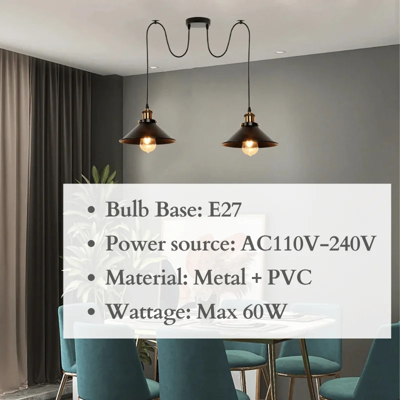 Industrial style retro ceiling light with two hanging E27 bulb fittings and 2m adjustable cables in metal finish
