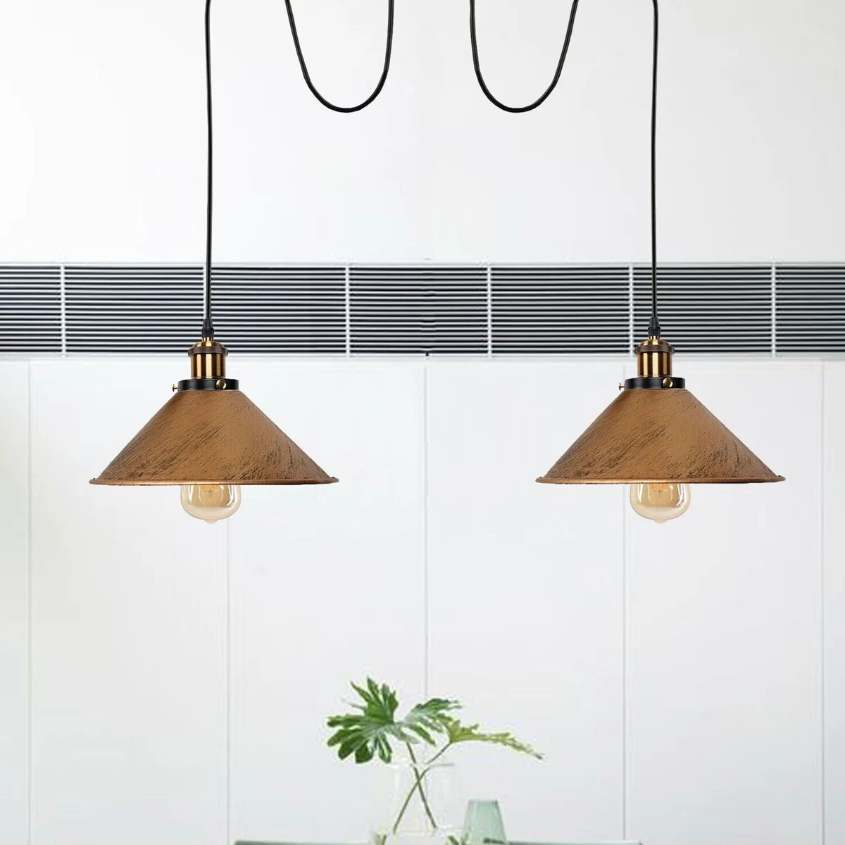 Industrial retro adjustable hanging light with twin E27 sockets and 2m cables for flexible ceiling placement