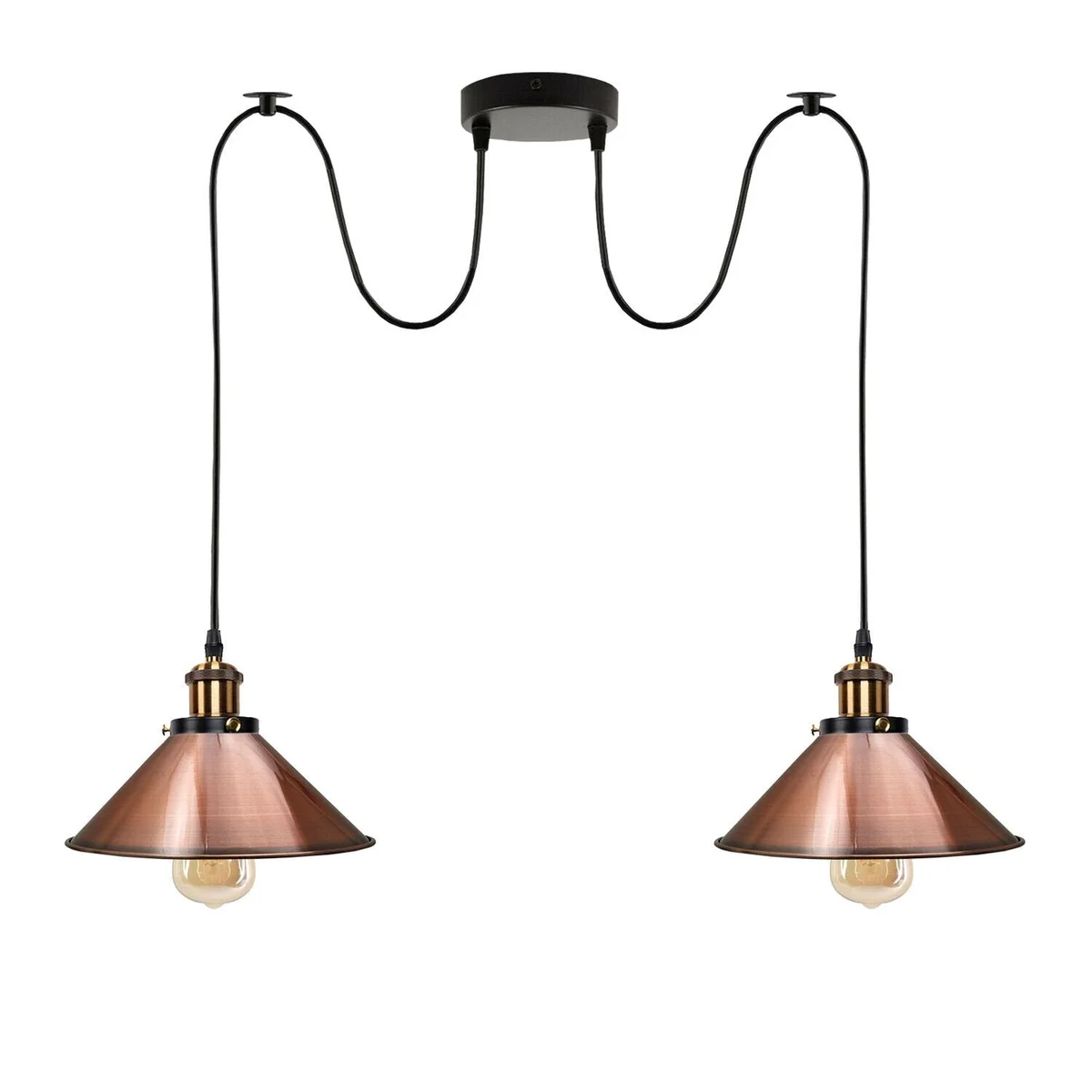 Two-way hanging pendant light with black metal ceiling fitting and twin E27 bulb sockets suspended by 2m cables