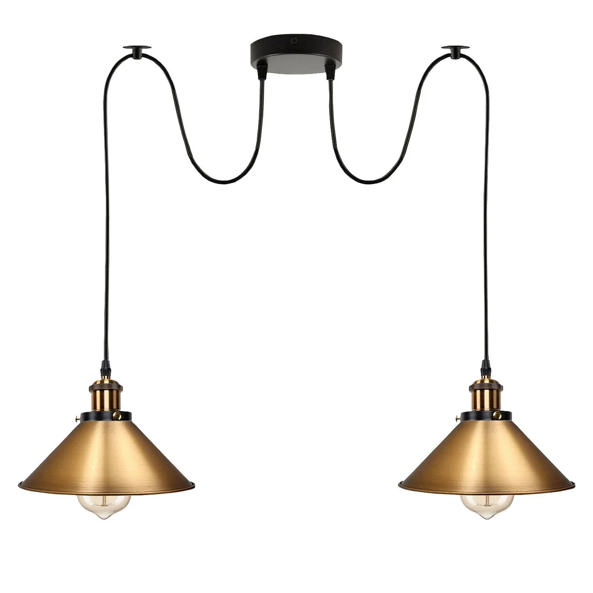 Industrial retro 2 way pendant light with twin E27 sockets and 2m adjustable cables hanging from ceiling