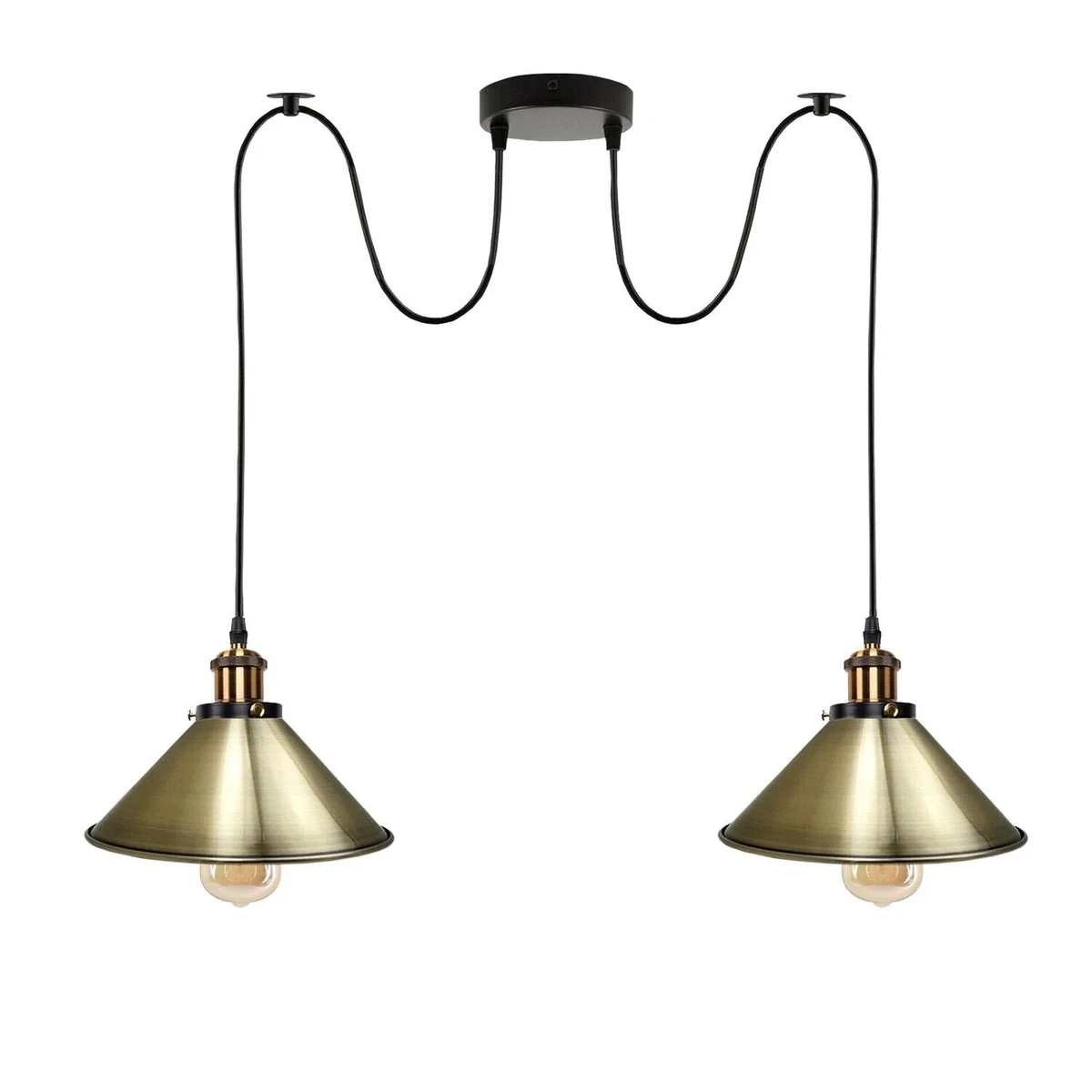 Industrial retro 2 way pendant light with twin E27 sockets and 2m adjustable cables hanging from ceiling