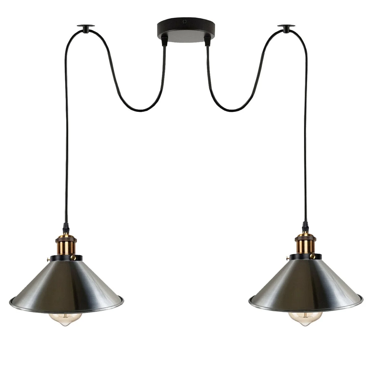 Industrial retro 2 way pendant light with twin E27 sockets and adjustable 2m cables hanging from ceiling