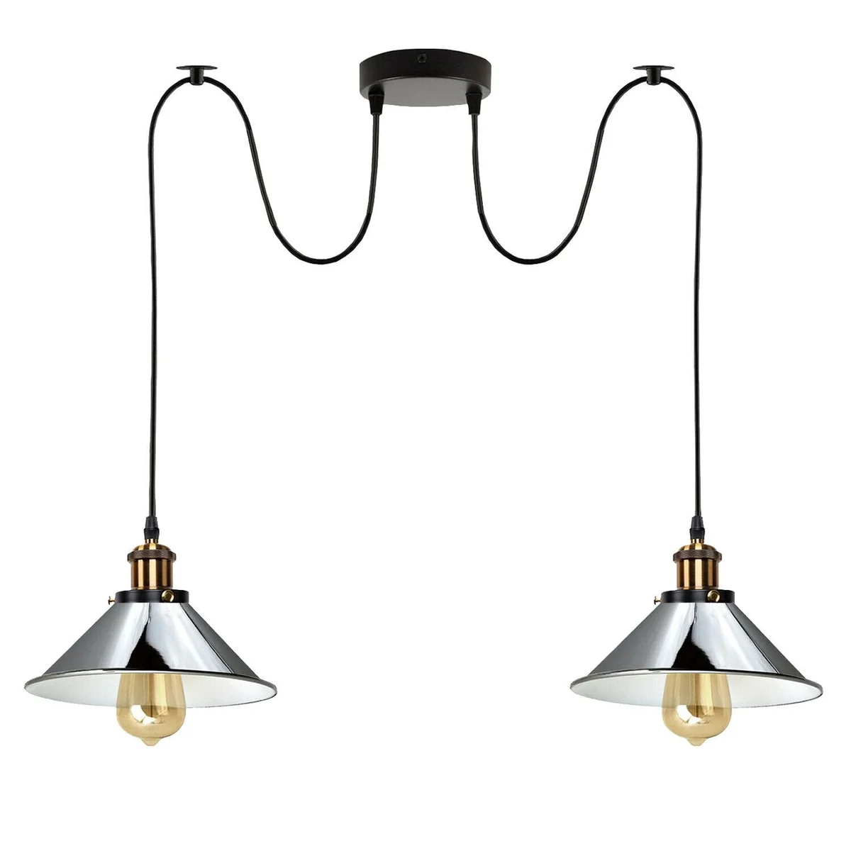 Industrial retro 2 way pendant light with twin E27 sockets, black metal finish, and 2m adjustable hanging cables