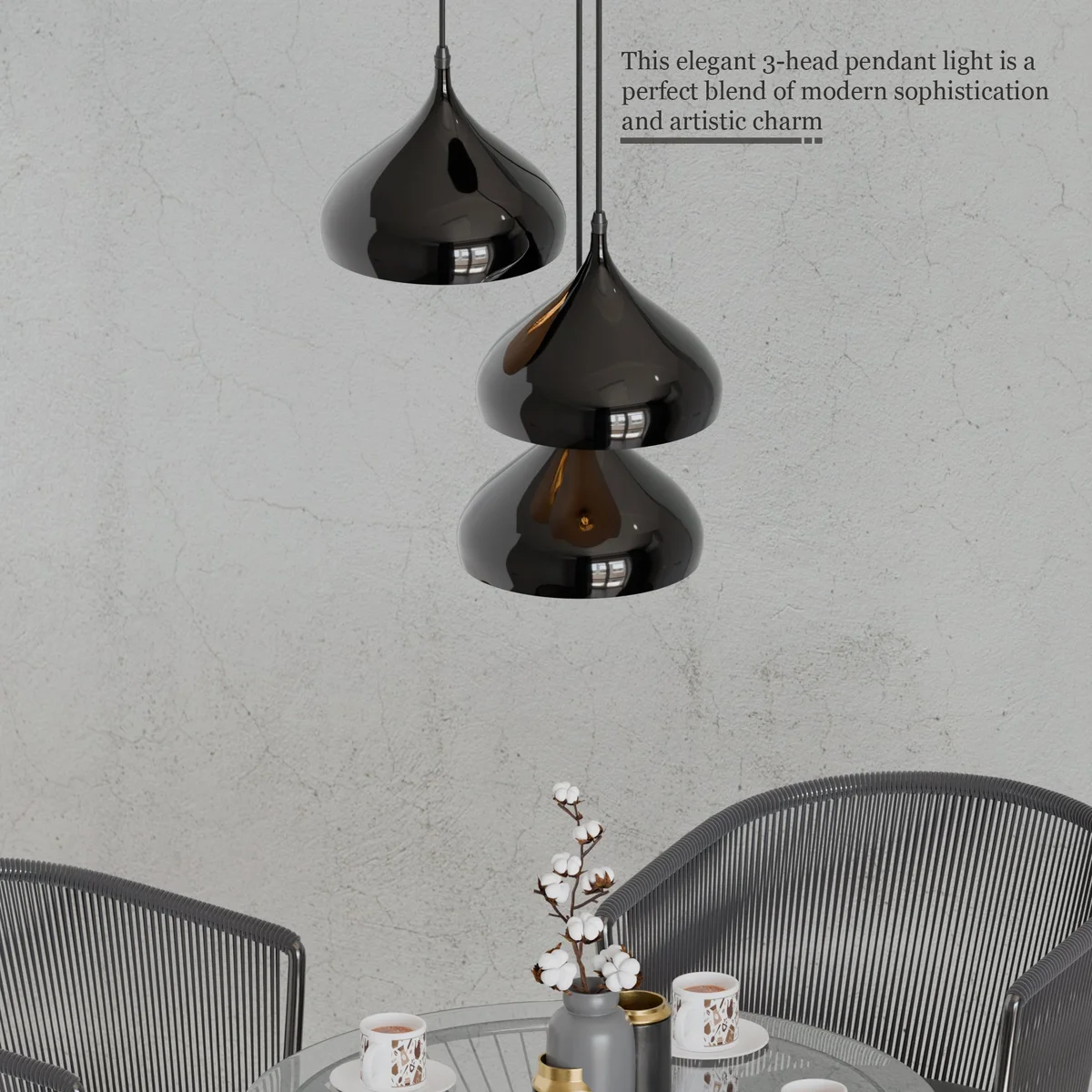 Three-head modern black pendant lights with metal multi-layer painted shades hanging from ceiling cord