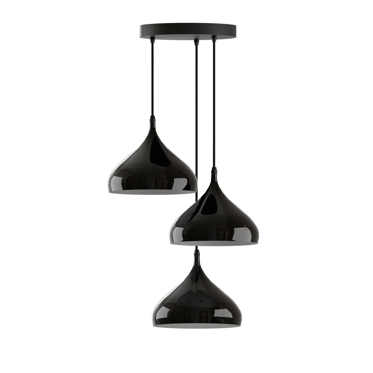 Three-head modern black metal pendant ceiling lamp with dimmable bulbs, sleek multi-layer painted finish, ceiling mounted design