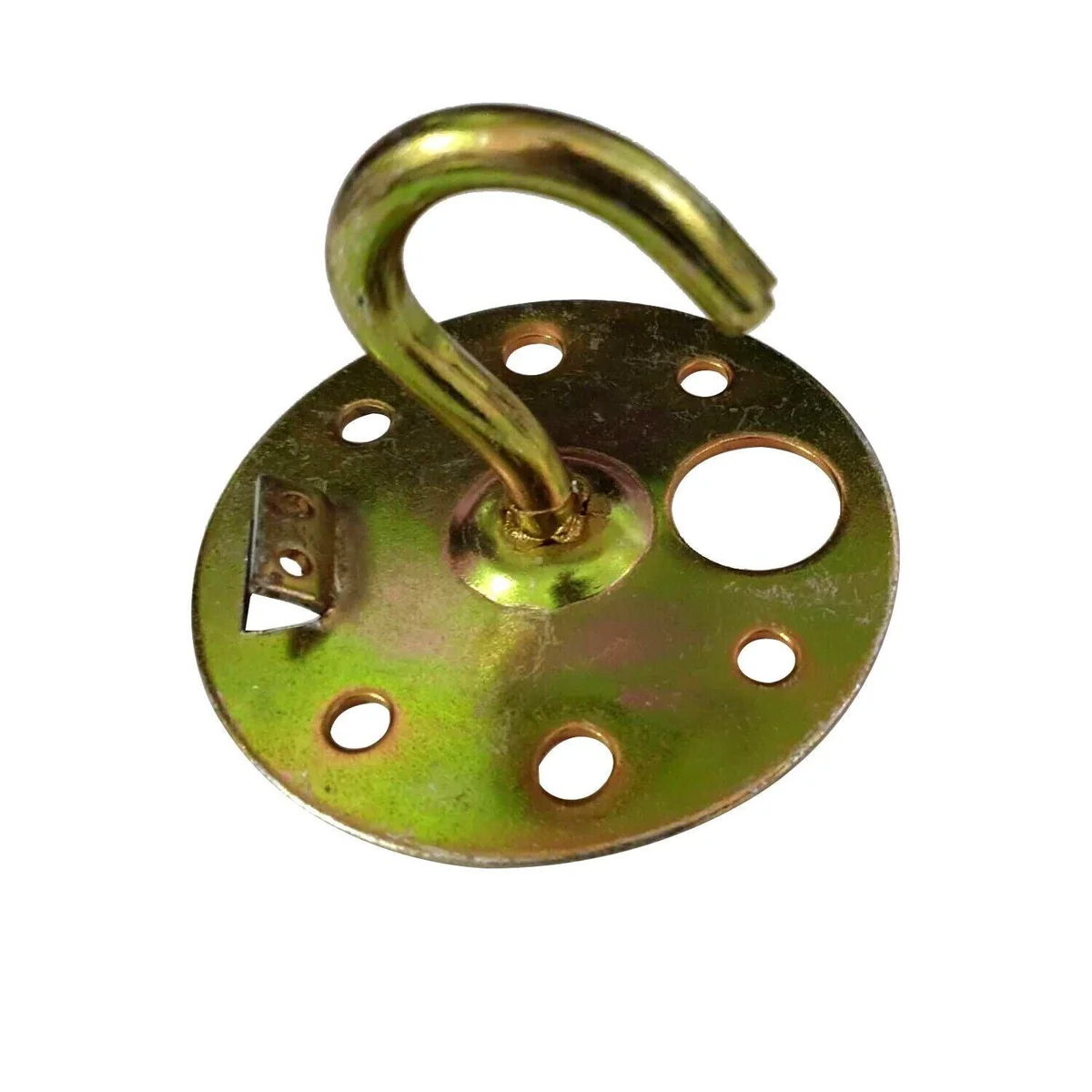 Gold-tone ceiling hook plate made of heavy-duty metal with multiple mounting holes, designed for 8kg load capacity