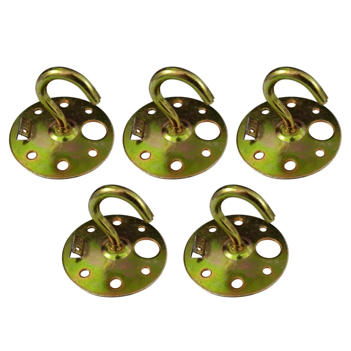 Gold-tone heavy duty ceiling hook plate showing multiple mounting holes and sturdy metal construction for 8kg load capacity