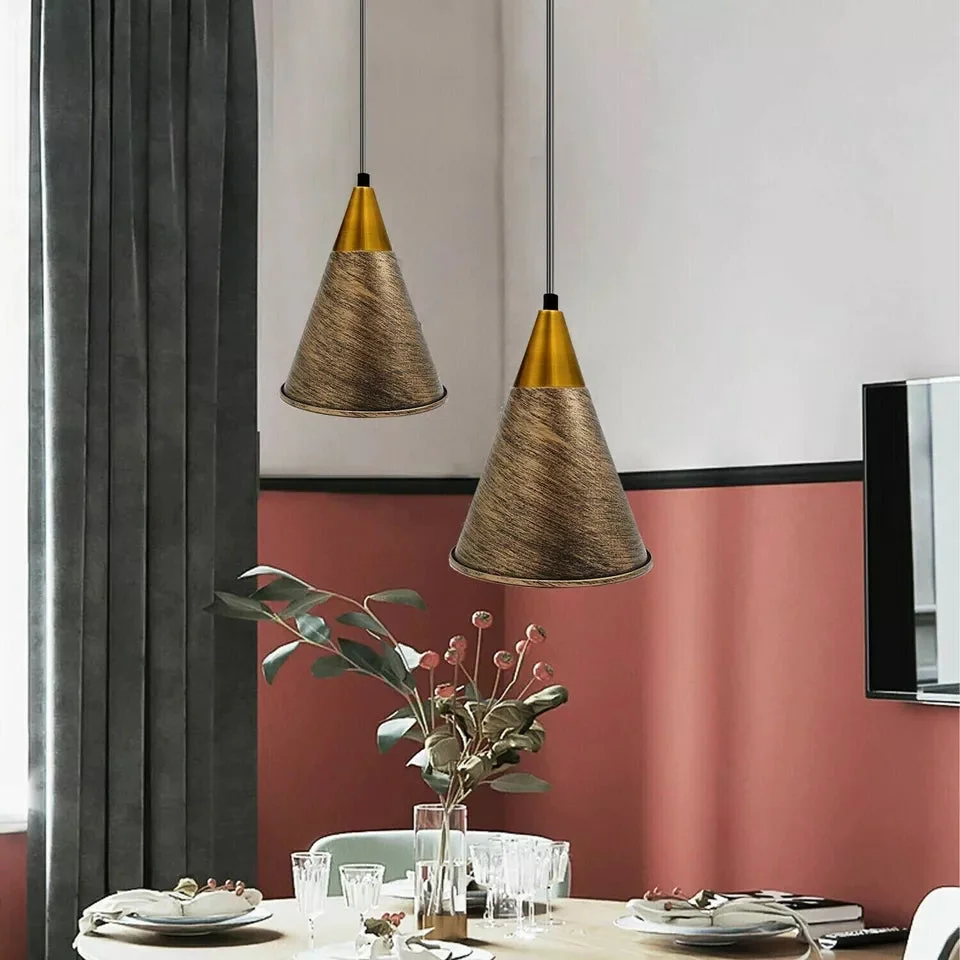 Industrial vintage metal ceiling hanging light with black and brushed copper finish, showing adjustable wire and lampshade details