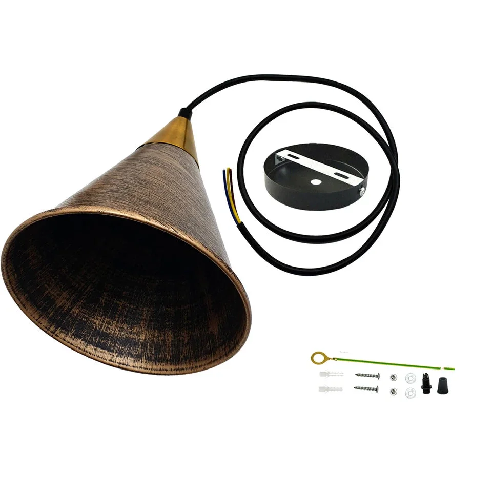 Industrial vintage style ceiling pendant lamp with metal shade in brushed copper, showing E27 bulb pendant lighting setup