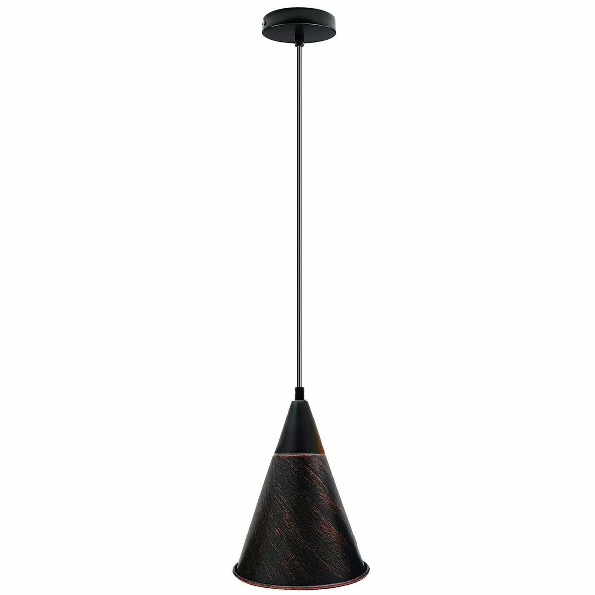 Vintage pendant ceiling light in black metal with adjustable wire, shown hanging in a styled industrial interior setting