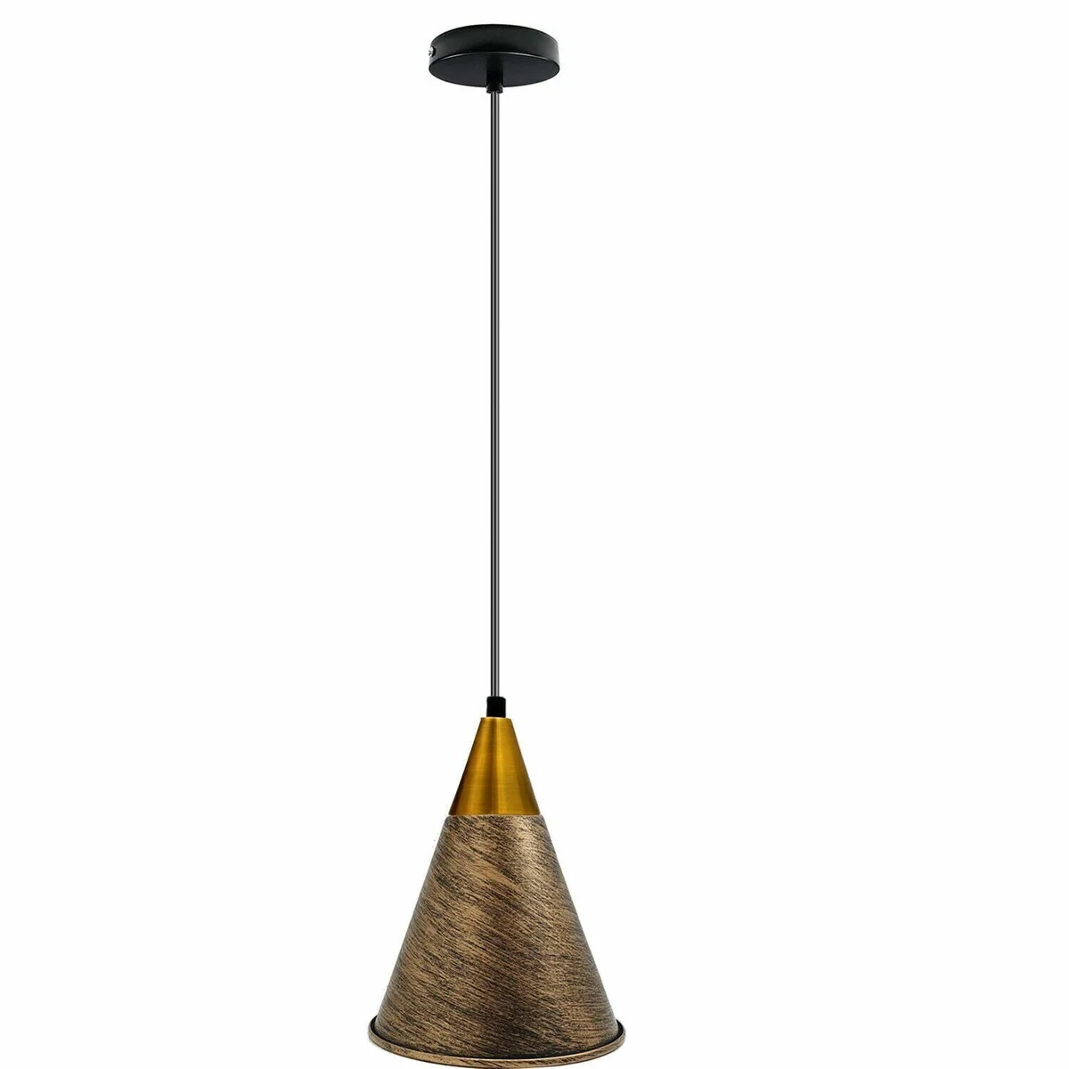 Black and brushed copper vintage pendant ceiling light hanging from ceiling with adjustable black wire and metal shade