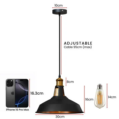Black metal pendant lamp with gold inner shade, retro style, easy fit ceiling light for warm downlight ambiance