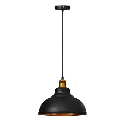 Industrial black and inner gold easy fit pendant light with vintage metal shade hanging against white background