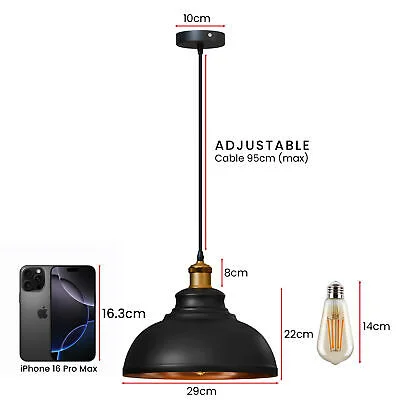 Black metal pendant light with inner gold finish, vintage style lighting, easy fit for modern or retro interiors