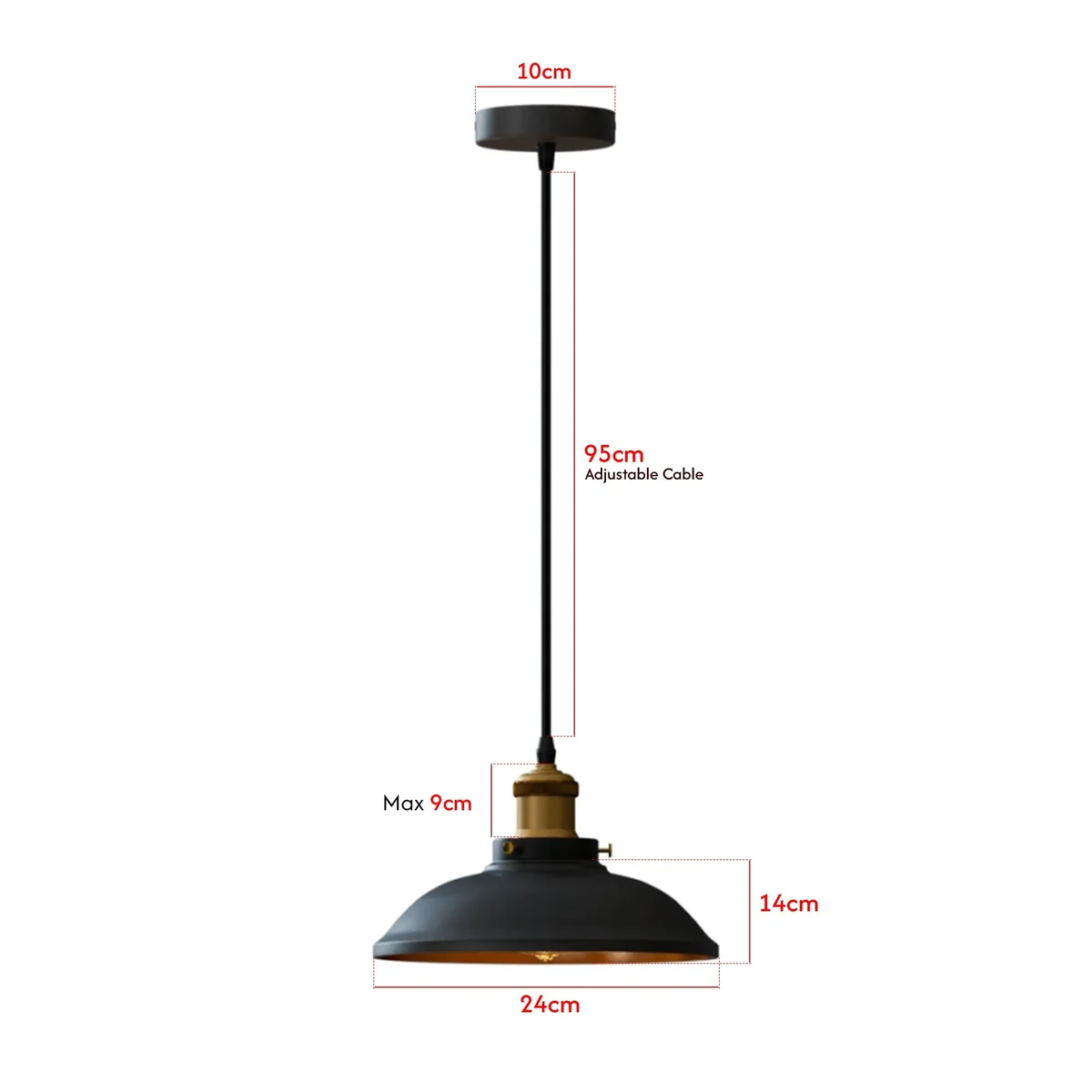 Black gold ceiling pendant with industrial black exterior and inner gold finish, retro style, easy fit design, single light downlight