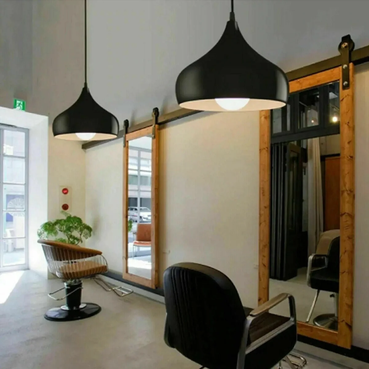 Retro pendant ceiling light in green metal with PVC cable and round ceiling plate, vintage industrial style lamp hanging indoors