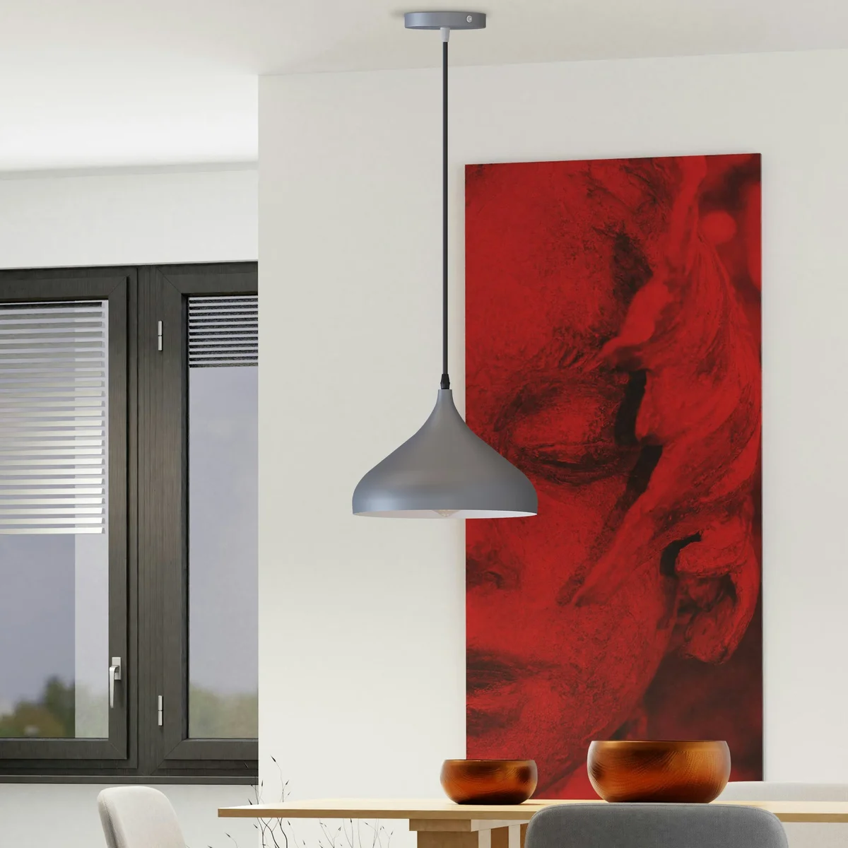 Retro pendant ceiling light in burgundy metal with PVC cable and round ceiling plate, styled for indoor vintage decor