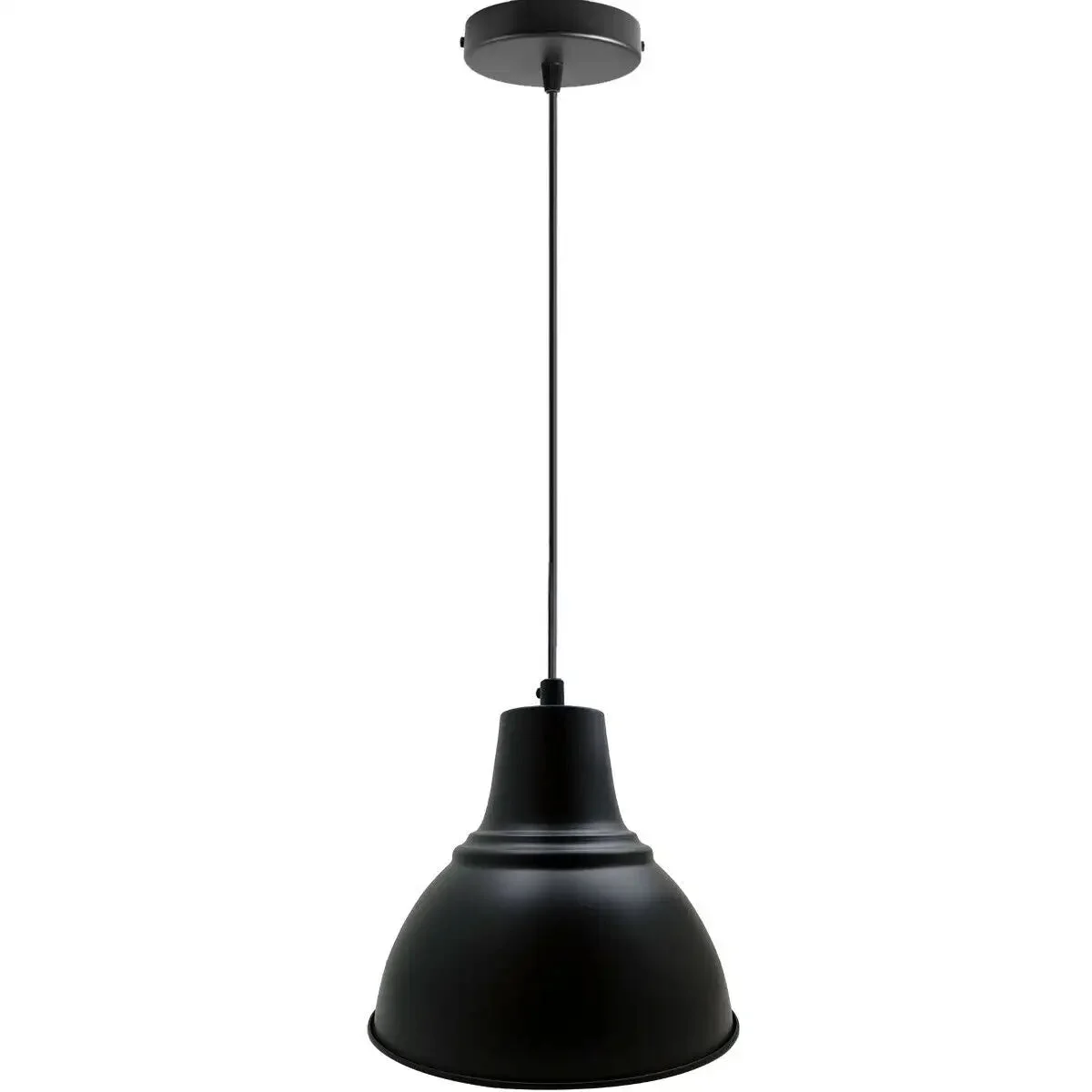 Black yellow grey lamp with metal barn pendant shade hanging from adjustable chain on white background