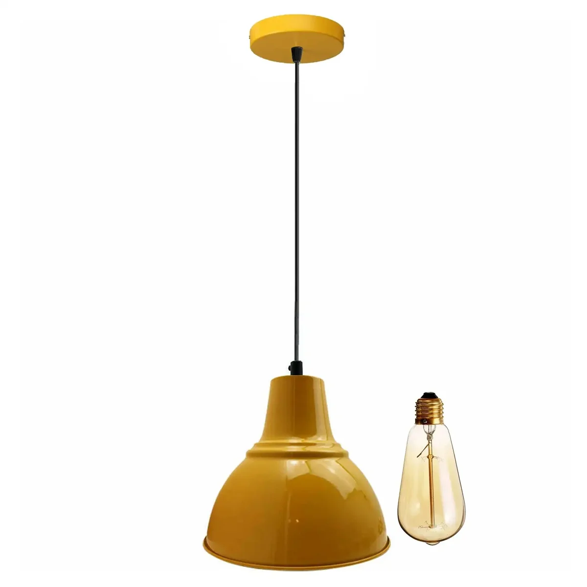 Black and yellow industrial pendant light with metal barn-style shade and adjustable chain hanging from ceiling rose