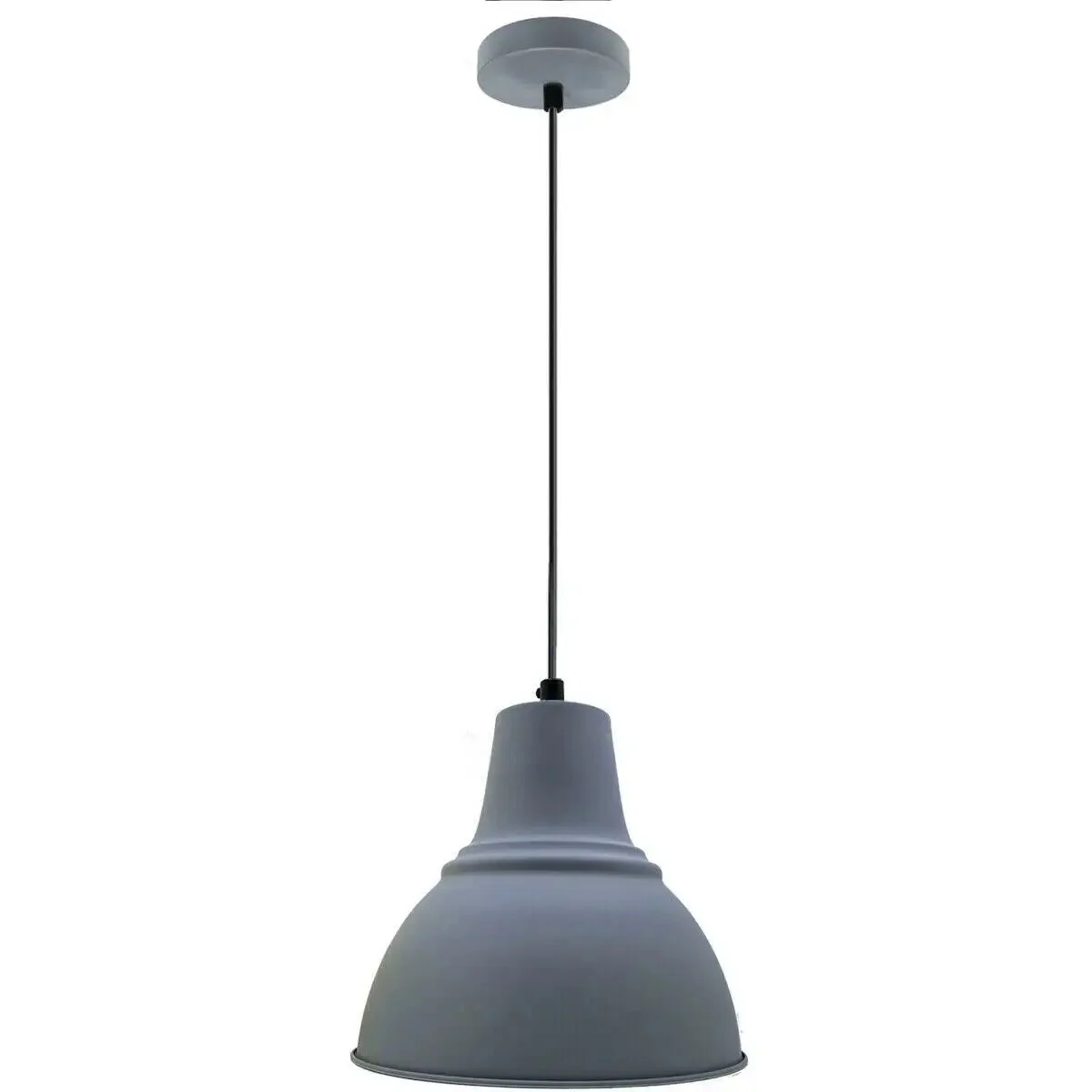 Black metal industrial pendant light with adjustable chain and white interior, suitable for kitchen or bar lighting