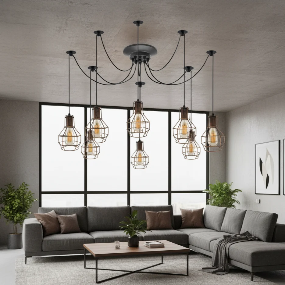 Industrial spider light pendant with eight adjustable metal arms and fabric-covered cords in vintage style ceiling fixture