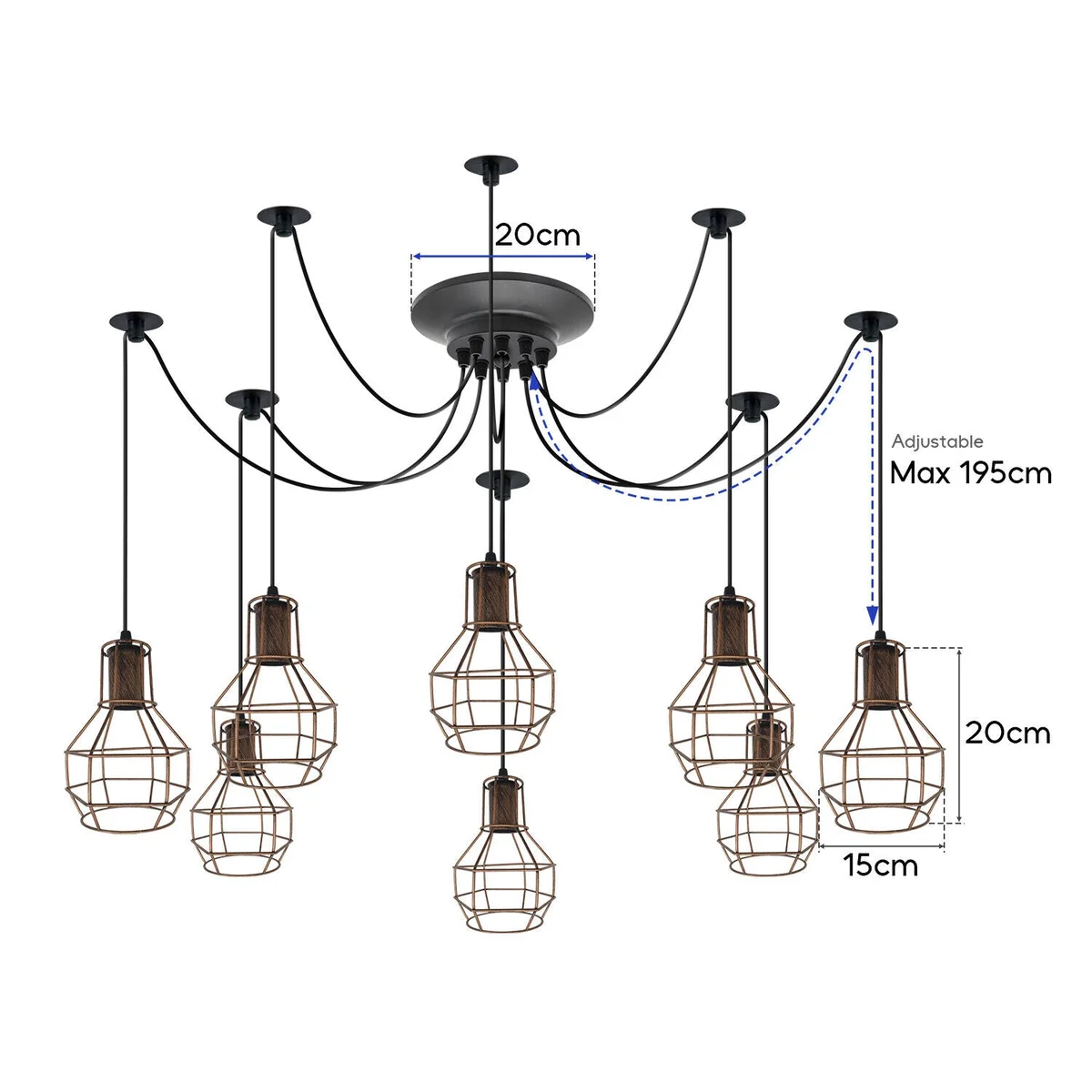 Industrial vintage 8-head adjustable pendant light with metal rose and fabric-covered cords hanging from ceiling