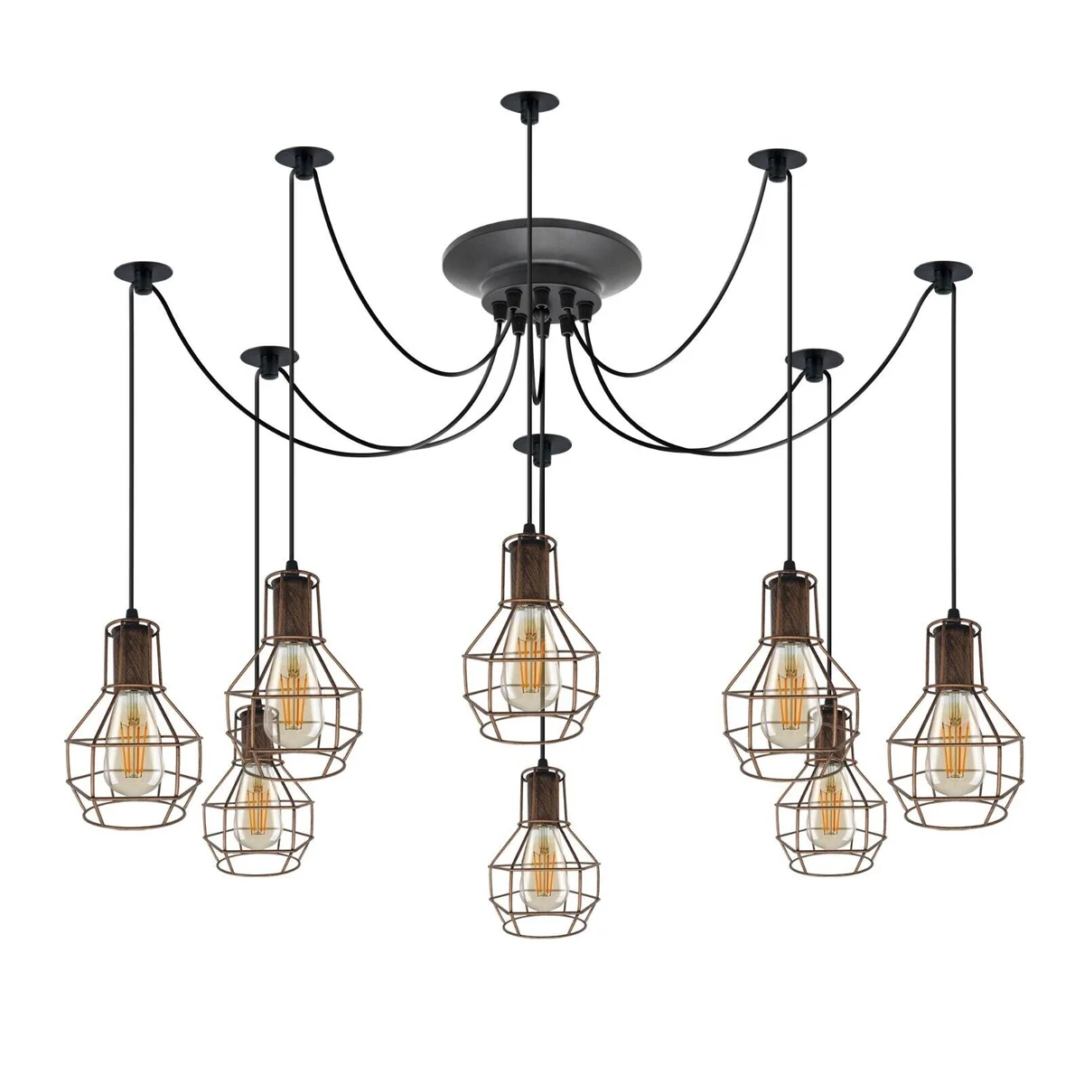Industrial 8-head spider light pendant with adjustable arms and metal ceiling rose, compatible with E27 bulb pendant sockets