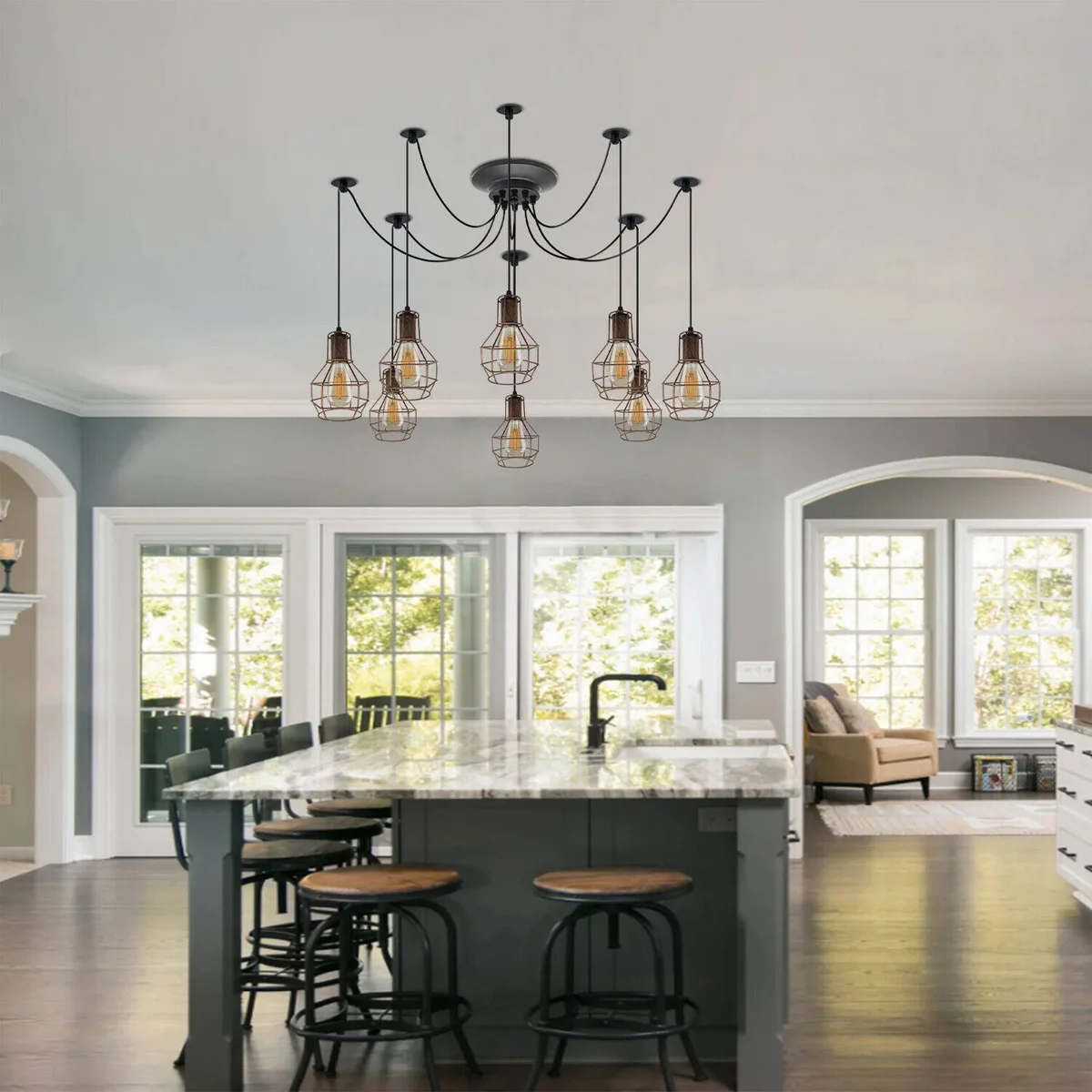 Industrial 8-head spider dimmable ceiling light with adjustable fabric-covered cords and metal ceiling rose in vintage style
