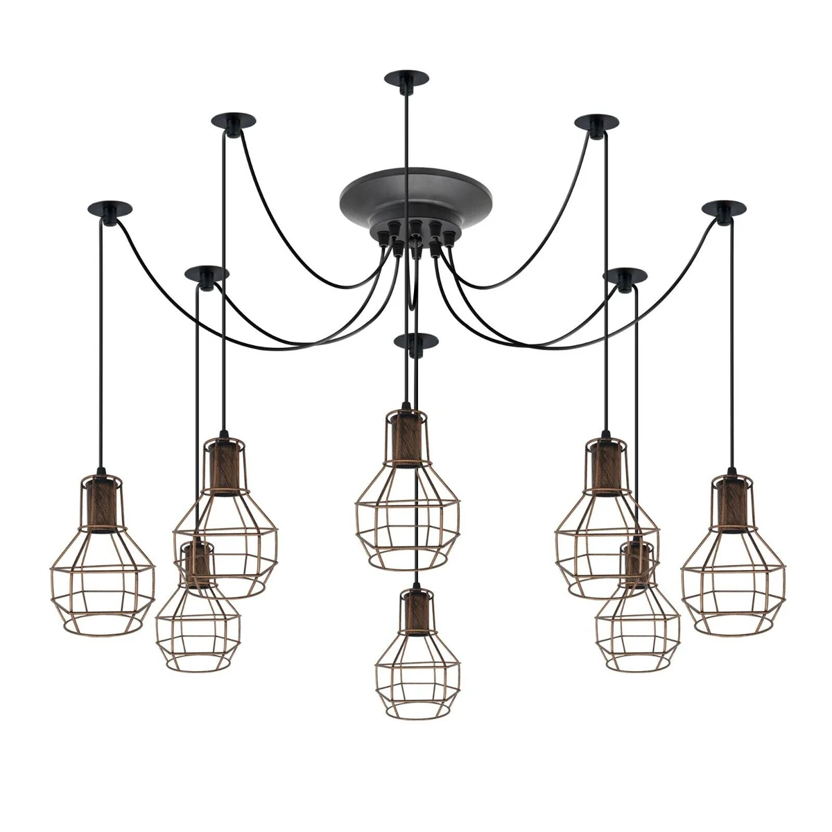 Vintage industrial 8-head spider light pendant with metal fabric cord pendant and adjustable arms hanging from ceiling