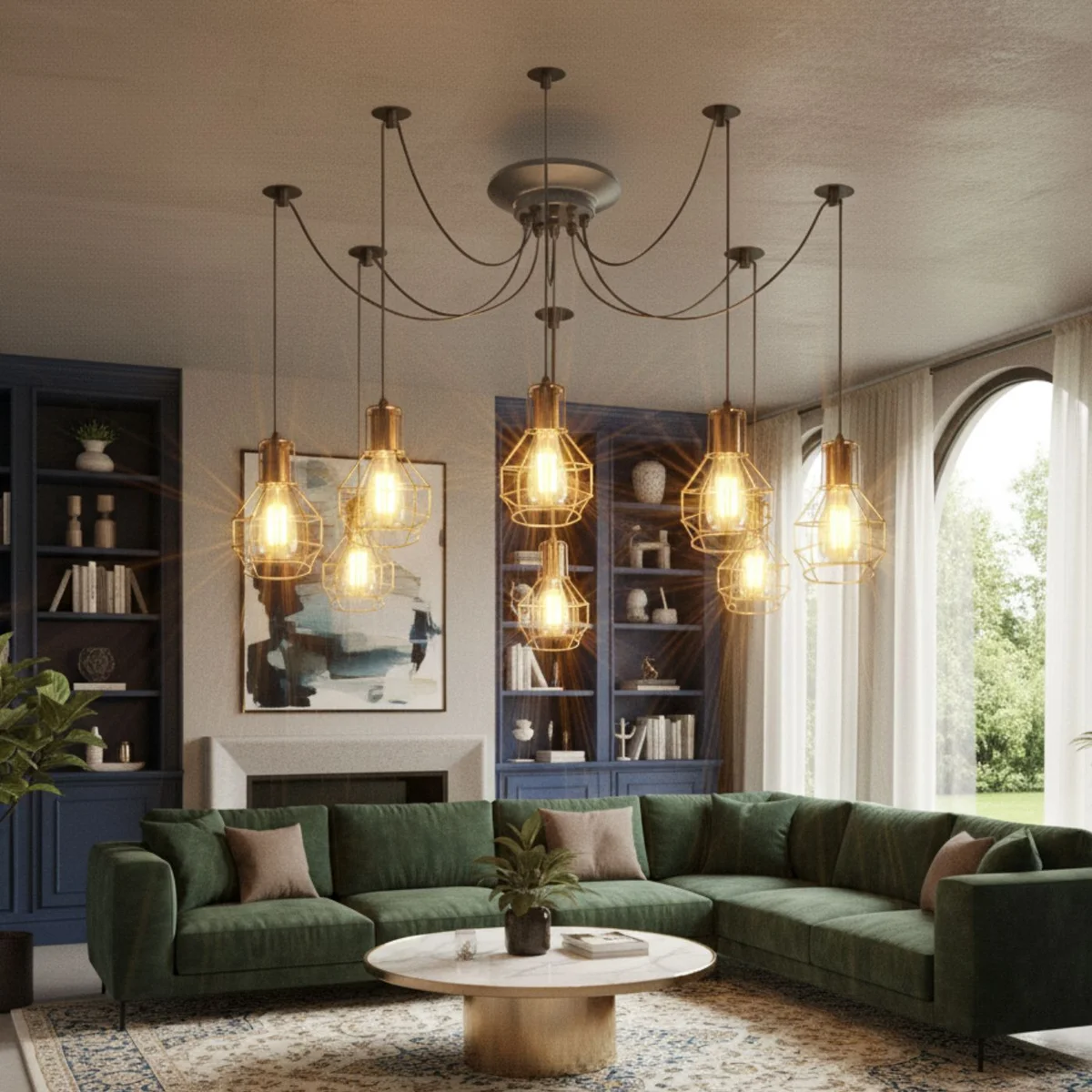 Vintage industrial spider light pendant with eight adjustable metal arms and fabric-covered cords hanging from ceiling rose