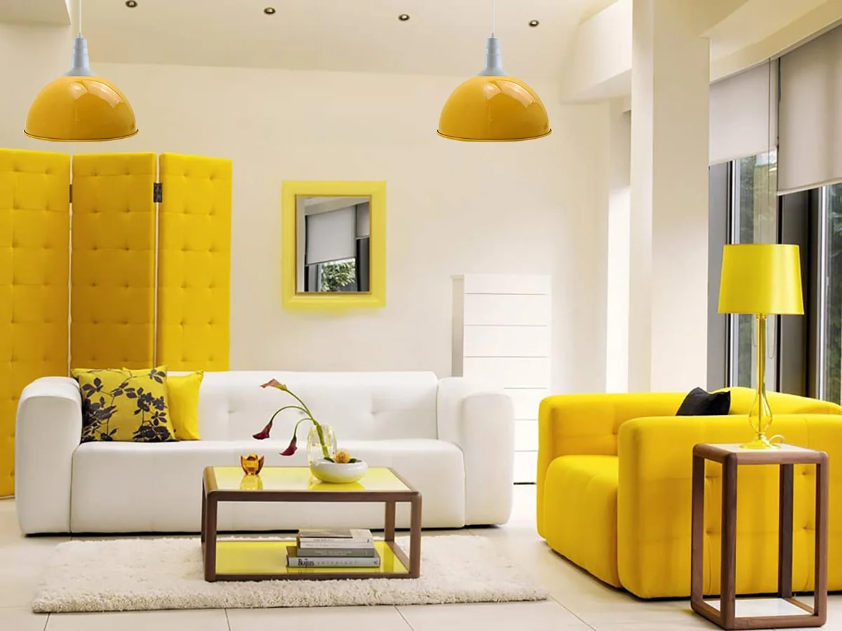 Yellow dome pendant light with 40cm metal dome, adjustable cable, and industrial style in vibrant yellow finish