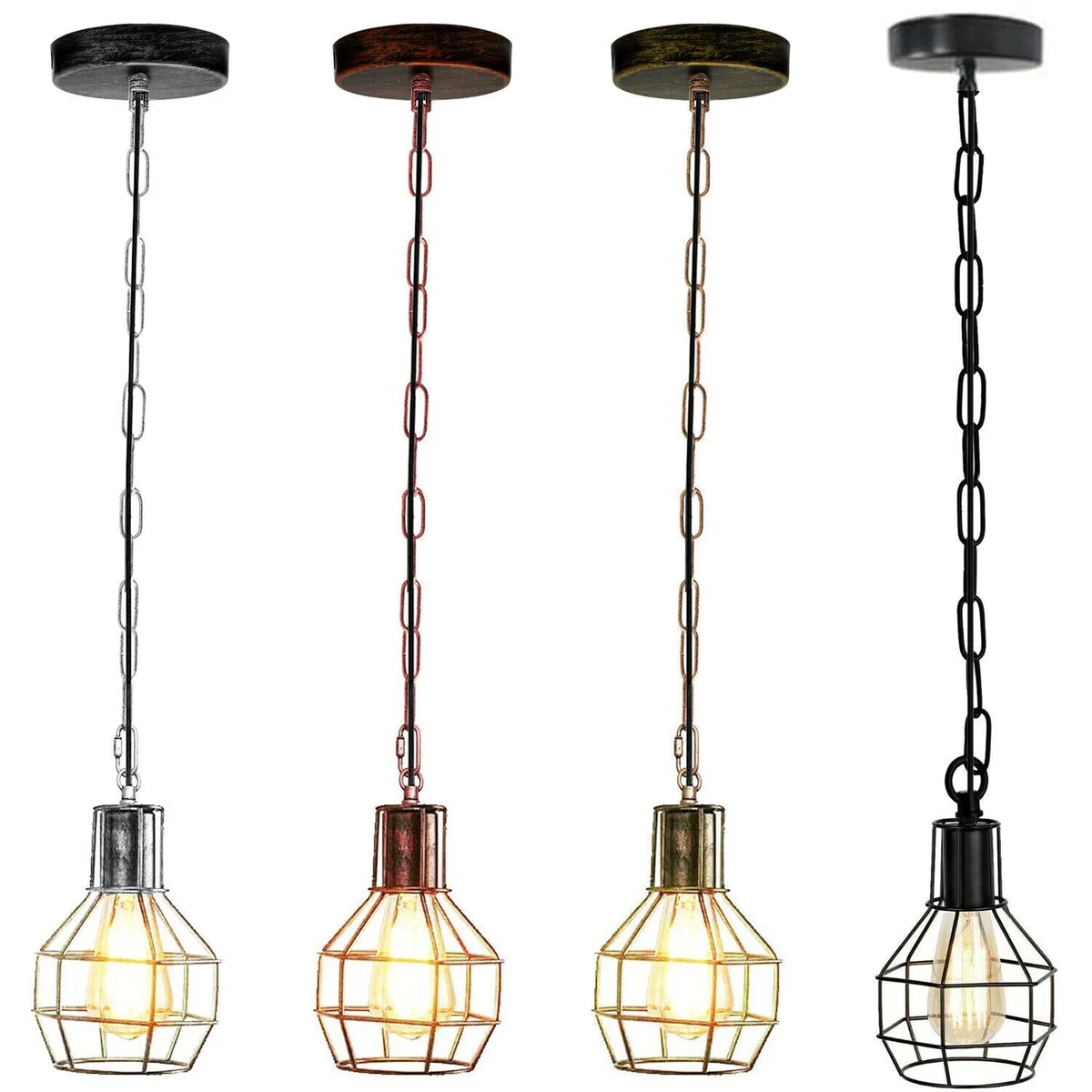 Black metal wire cage pendant lamp with adjustable chain, showcasing a retro style ceiling light design for indoor use