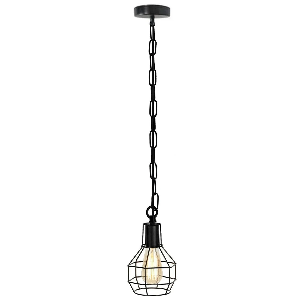 Adjustable indoor vintage lighting with black metal wire cage pendant lamp hanging from ceiling chain