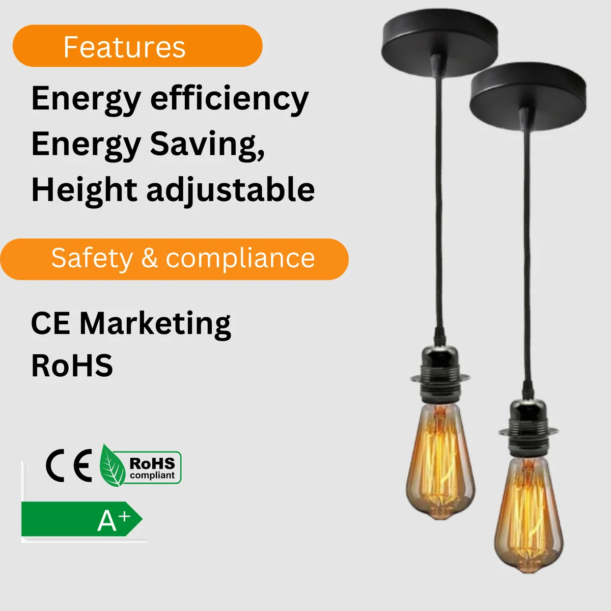 Two black pendant light kits with adjustable 1.95m cables, E27 fittings, ceiling roses, and vintage style holders