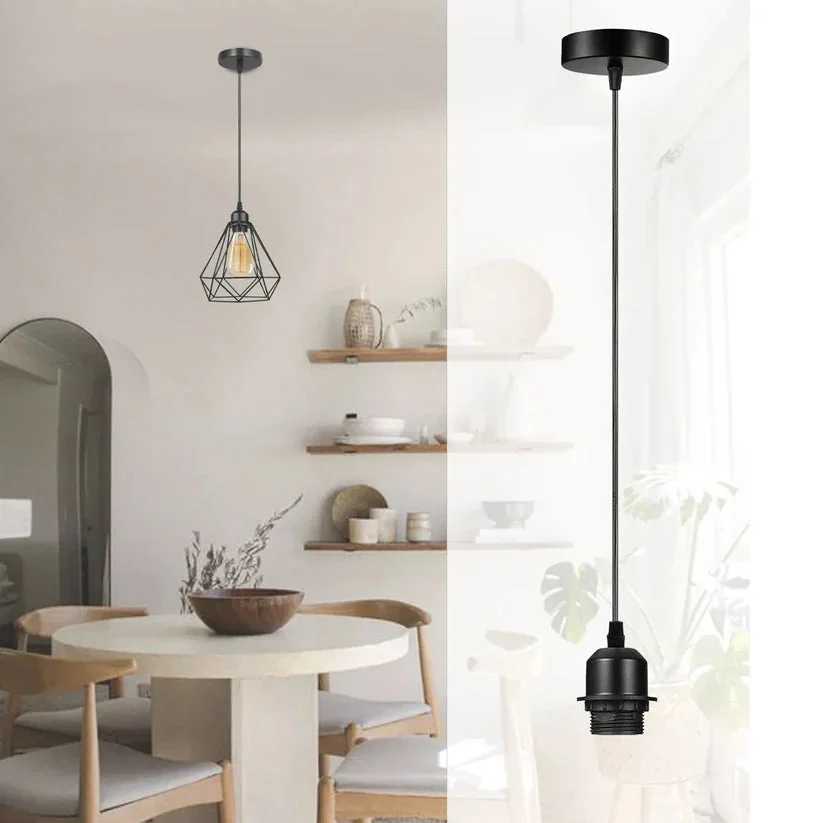 Two black adjustable pendant lighting kits with 1.95m cables, E27 fittings, and ceiling roses for indoor use