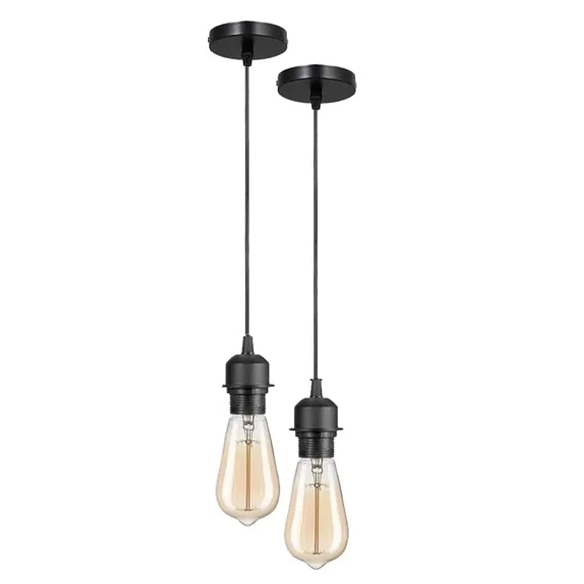 Two black pendant light kits with adjustable 1.95m cables and E27 bulb fittings, including ceiling roses and fittings