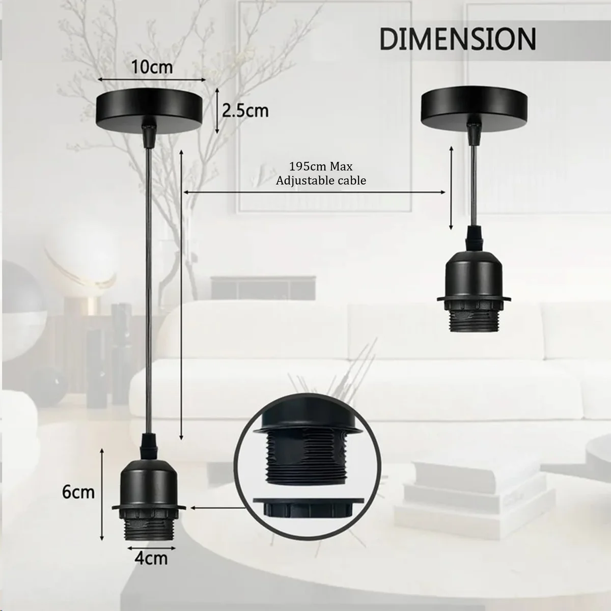 Two black pendant light kits with adjustable 1.95m cables and E27 fittings displayed on a white background
