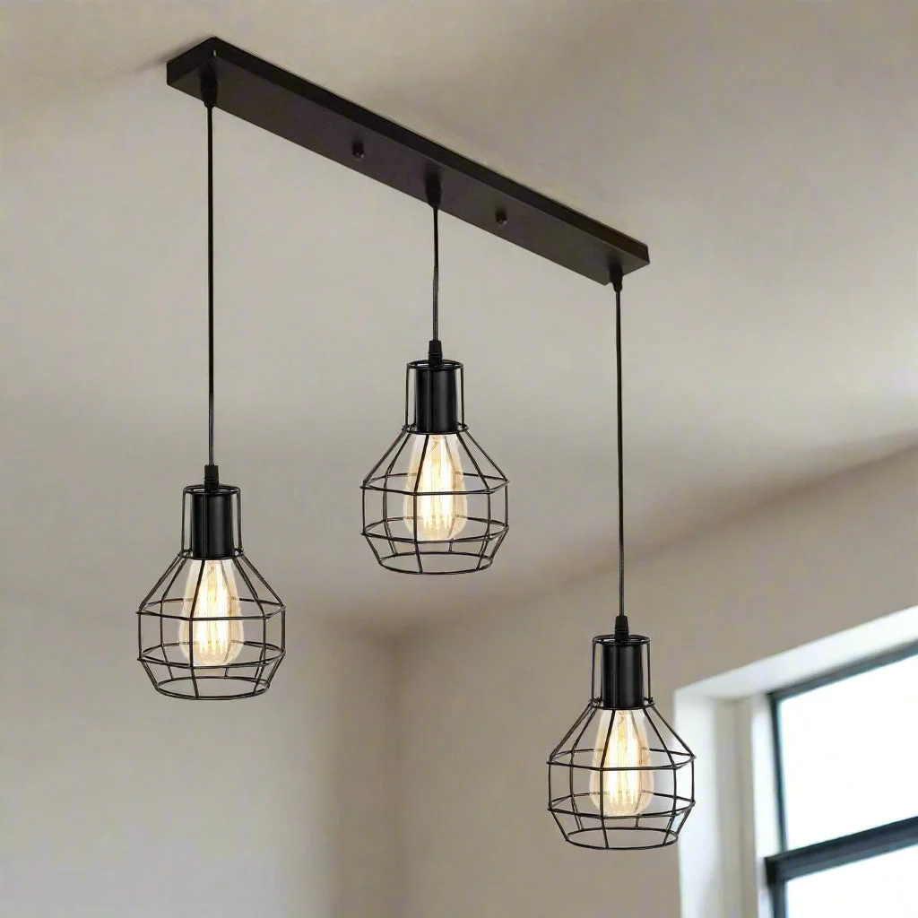 Vintage ceiling pendant lamp with three black metal cages and 90cm cables hanging from a ceiling plate