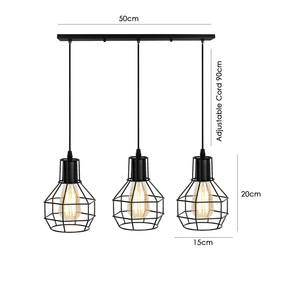 Black vintage industrial 3-way ceiling lamp with metal cages and 90cm PVC cables hanging from ceiling plate
