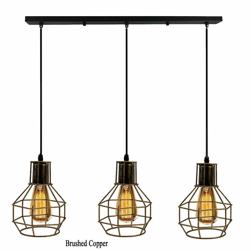Black vintage industrial 3-way E27 bulb pendant light with metal cages and 90cm PVC cables hanging from ceiling plate