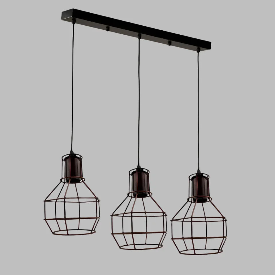 Black vintage industrial retro ceiling pendant with three E27 light holders and metal cages hanging from PVC cables